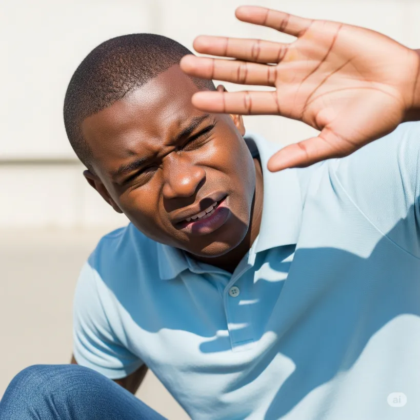A man outdoors squinting and shielding his face from bright sunlight, showing a strong reaction to light due to photophobia.