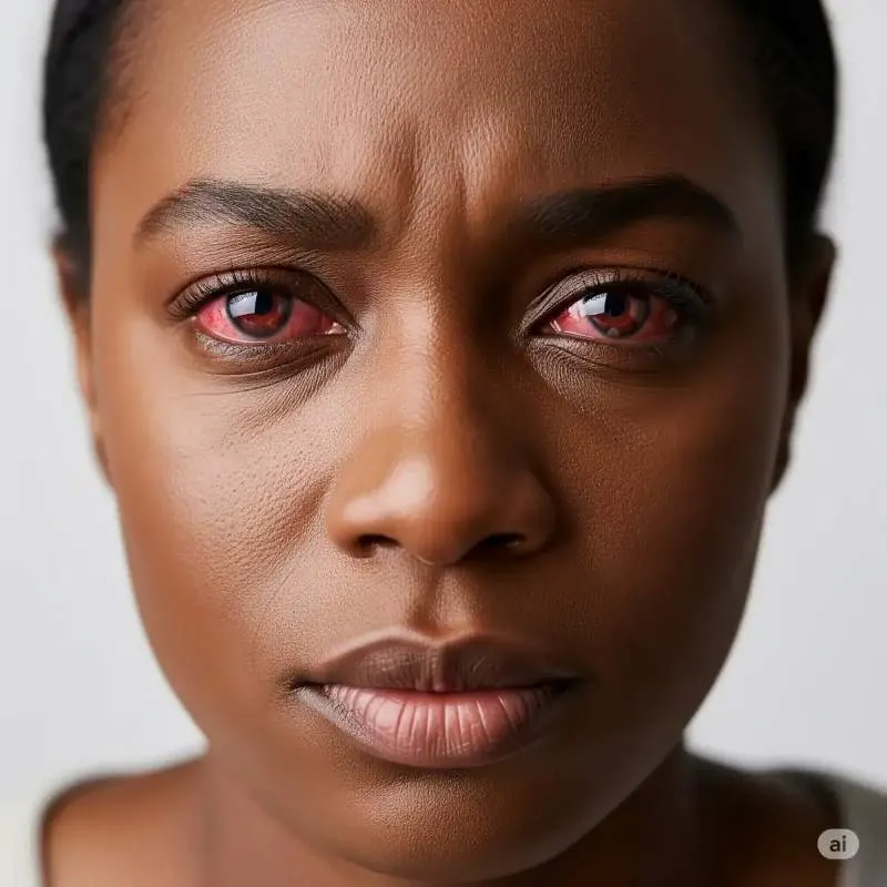 A close-up of a woman's eyes showing significant redness and irritation, representing the symptoms of red eyes.