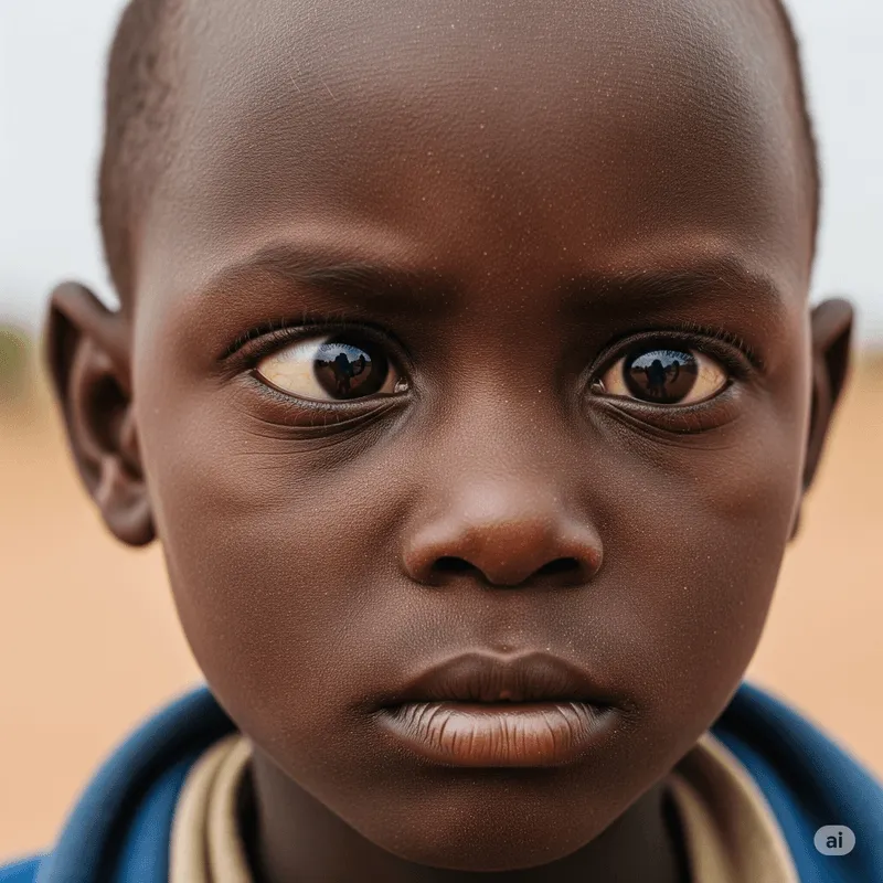 A close-up of a young child's face, showing one eye turned inward, a clear example of strabismus or crossed eyes.
